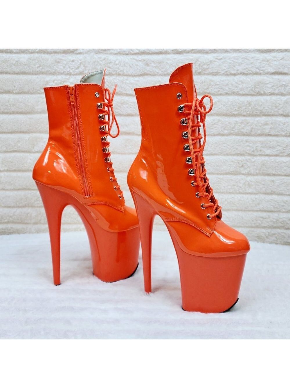 Flamingo Bright Orange Patent Towering 8" High Heel Platform Ankle Boots - Picture 3 of 11